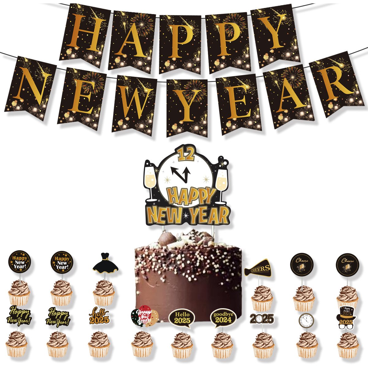 2025 Happy New Year Bunting Banner Cake Topper Photo Props Foil Latex Balloons For New Year Party Decorations