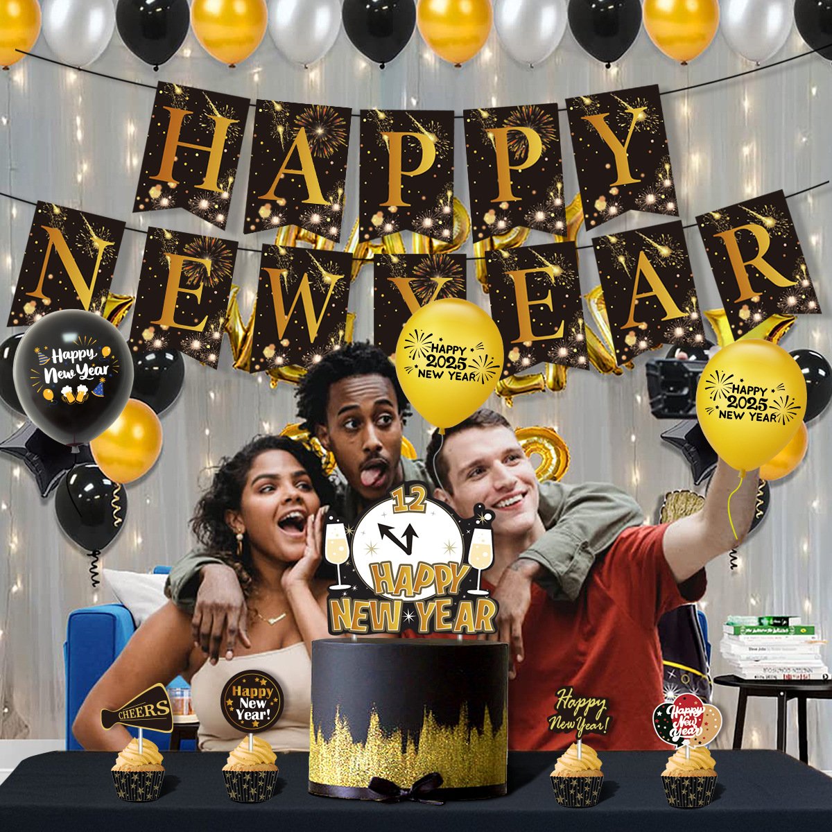 2025 Happy New Year Bunting Banner Cake Topper Photo Props Foil Latex Balloons For New Year Party Decorations