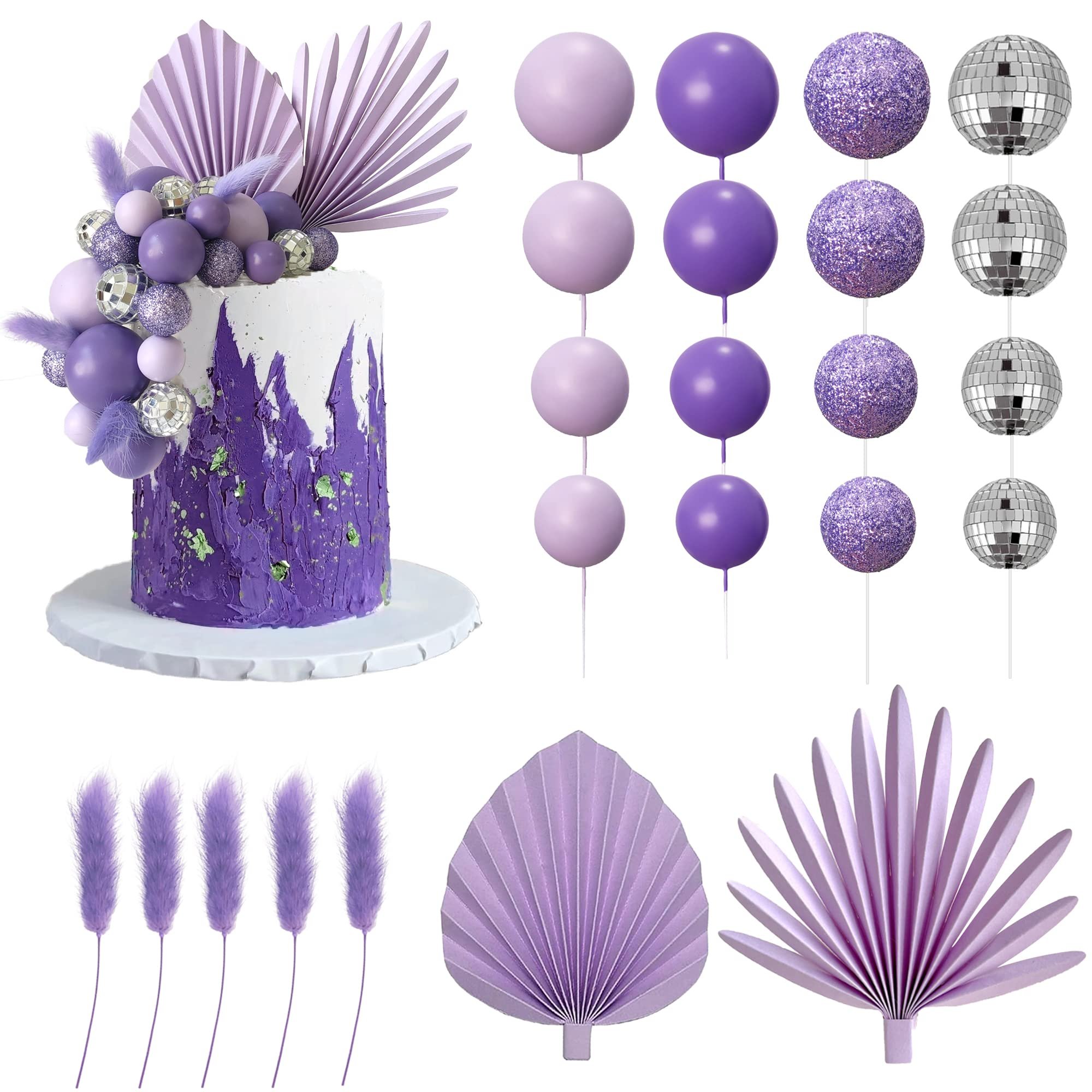 Purple Balls Cake Decoration Purple Palm Leaves Cake Topper Purple Birthday Baby Shower Wedding Party Decoration Supplies