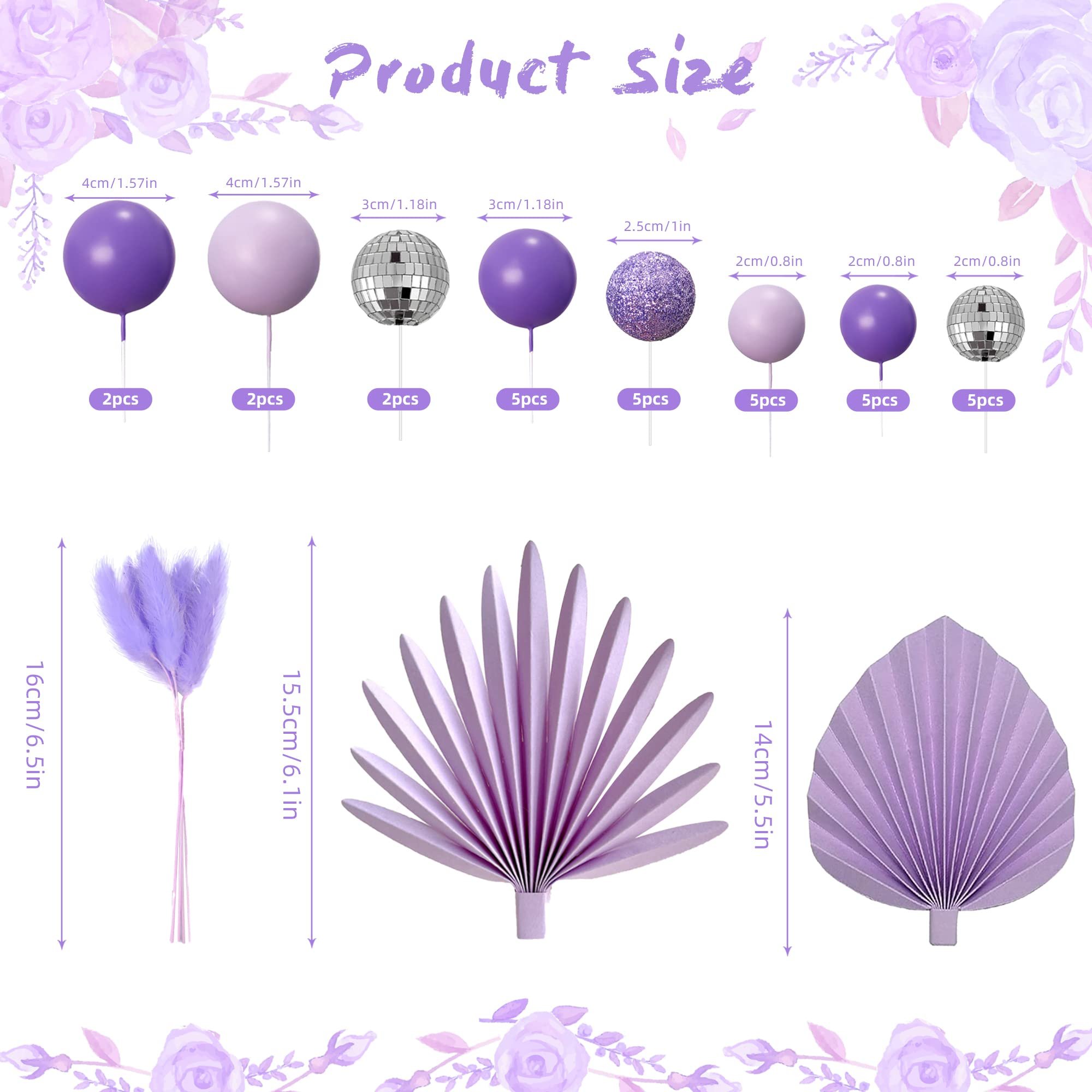 Purple Balls Cake Decoration Purple Palm Leaves Cake Topper Purple Birthday Baby Shower Wedding Party Decoration Supplies