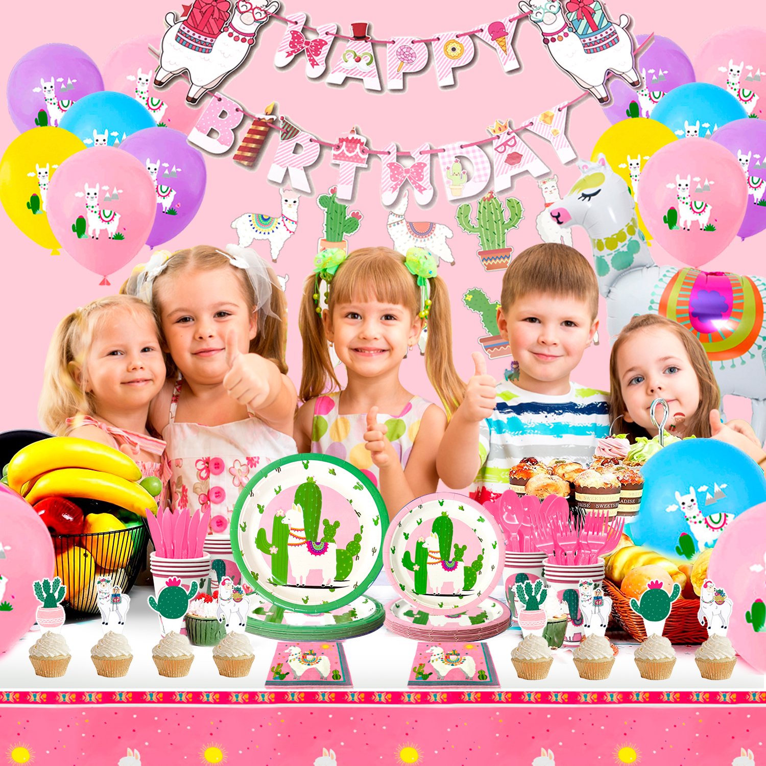 242 Pcs Llama Birthday Party Supplies, Party Decorations Tableware Set Plates Cups Napkins Tablecloth Llama