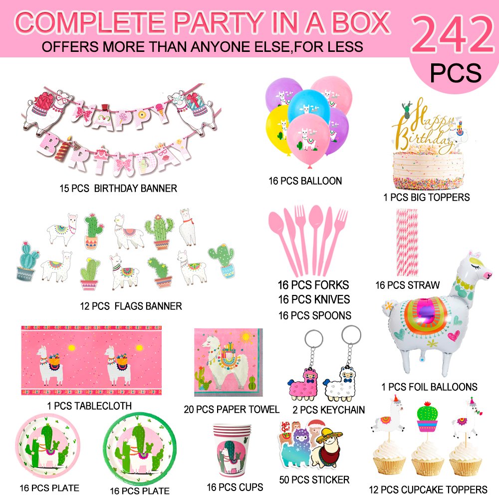 242 Pcs Llama Birthday Party Supplies, Party Decorations Tableware Set Plates Cups Napkins Tablecloth Llama