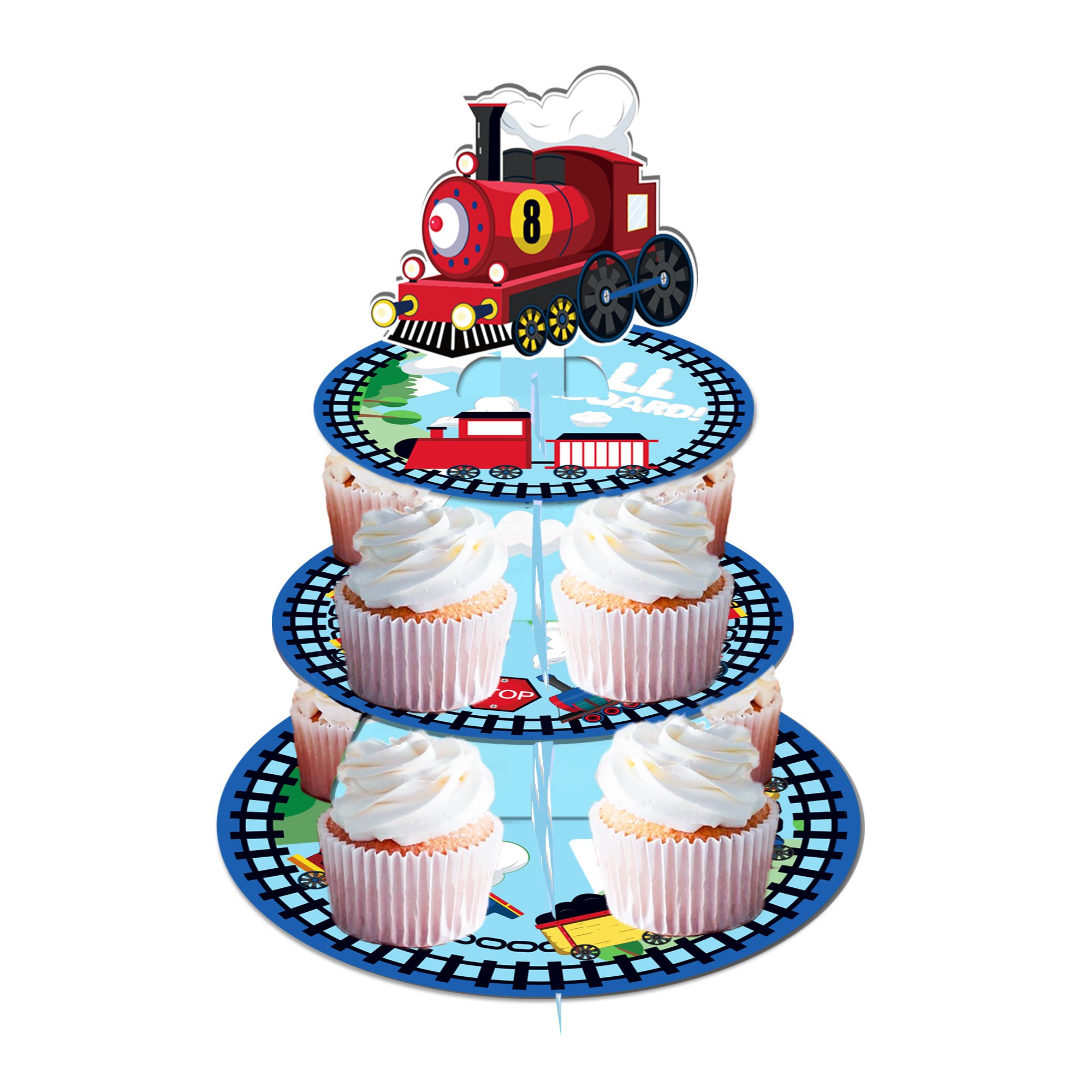Huancai Train Party Cake Stand 3 Tier Cupcake Stand Holder Railroad Crossing Party Decorations for Kids Birthday Party Supplies