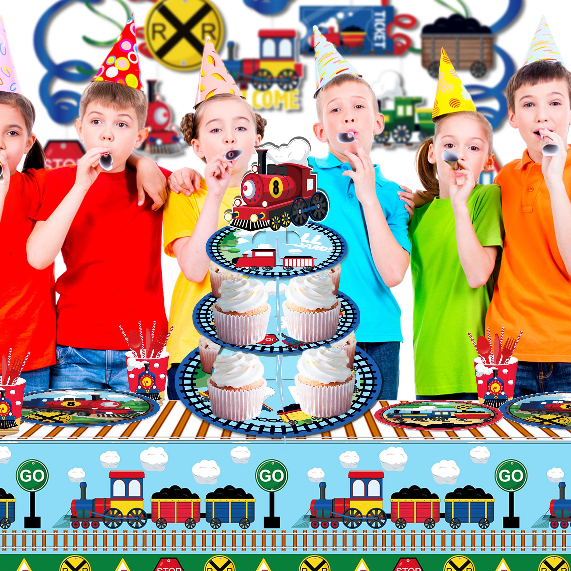 Huancai Train Party Cake Stand 3 Tier Cupcake Stand Holder Railroad Crossing Party Decorations for Kids Birthday Party Supplies