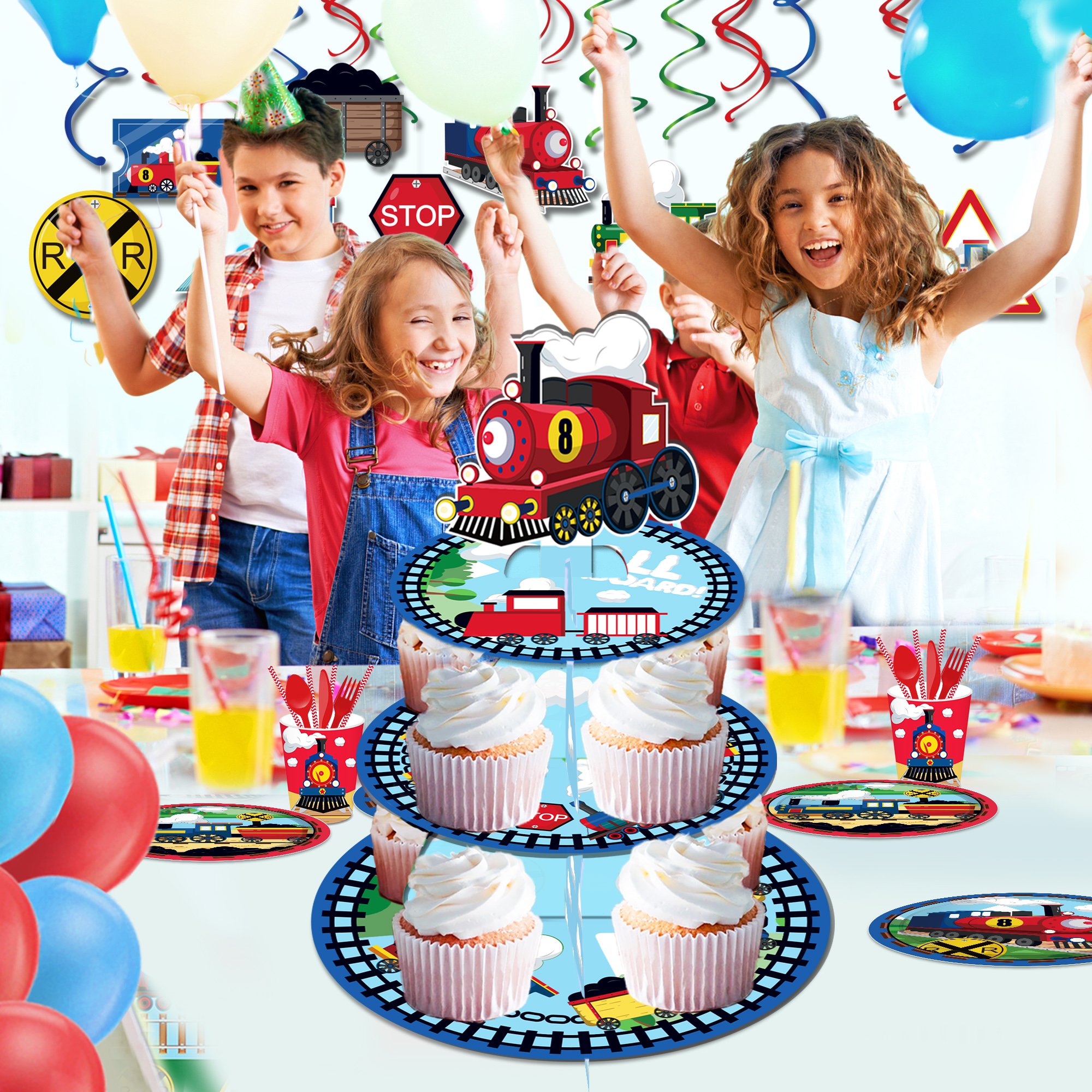 Huancai Train Party Cake Stand 3 Tier Cupcake Stand Holder Railroad Crossing Party Decorations for Kids Birthday Party Supplies