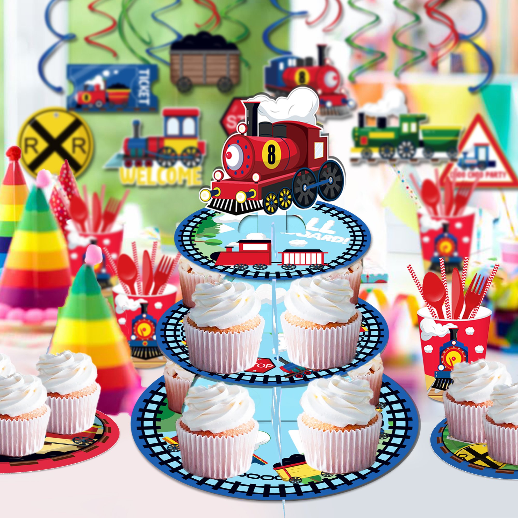 Huancai Train Party Cake Stand 3 Tier Cupcake Stand Holder Railroad Crossing Party Decorations for Kids Birthday Party Supplies
