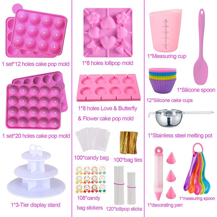 Cake Pop Maker Kit 454pcs Silicone Lollipop Mold Set with 3 Tier Cake Stand, Chocolate Candy Melting Pot Gift Box Pink 33*32*7cm