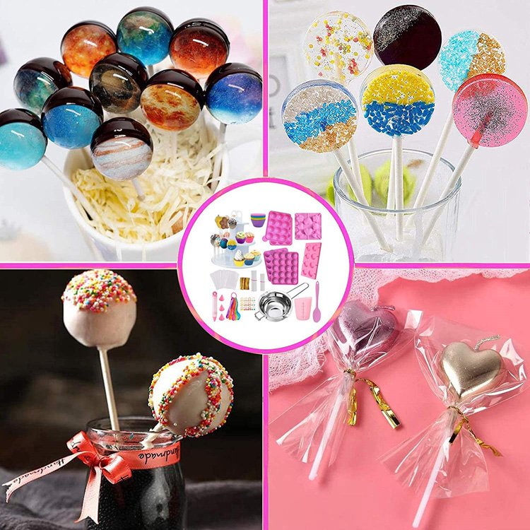 Cake Pop Maker Kit 454pcs Silicone Lollipop Mold Set with 3 Tier Cake Stand, Chocolate Candy Melting Pot Gift Box Pink 33*32*7cm