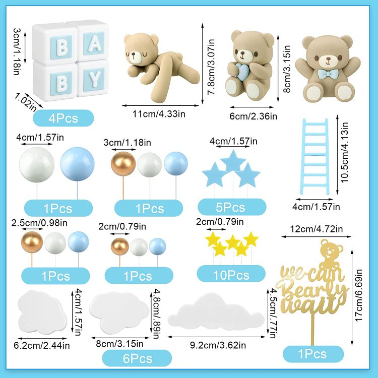 Blue Mini Bear Cake Decorations Cake Toppers Gold White Pearl Ball for Boy Girl Baby Shower Birthday Party Decorations