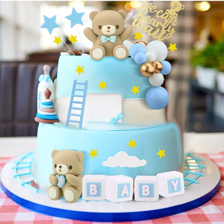 Blue Mini Bear Cake Decorations Cake Toppers Gold White Pearl Ball for Boy Girl Baby Shower Birthday Party Decorations