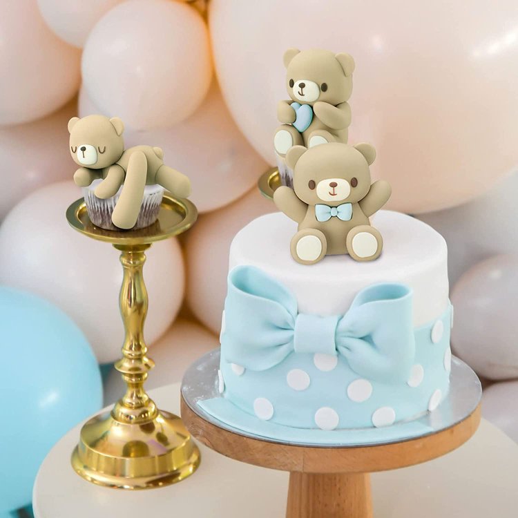 Blue Mini Bear Cake Decorations Cake Toppers Gold White Pearl Ball for Boy Girl Baby Shower Birthday Party Decorations