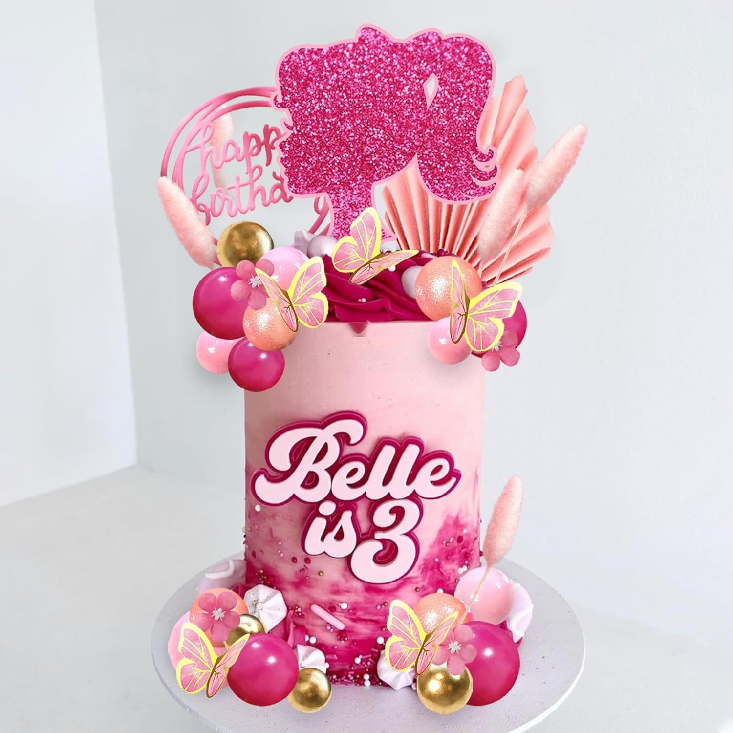 Hot Pink Girl Cake Toppers Flower Cake Decorations with Butterfly plug-in for Birthday Party Baby Shower Party Supplies