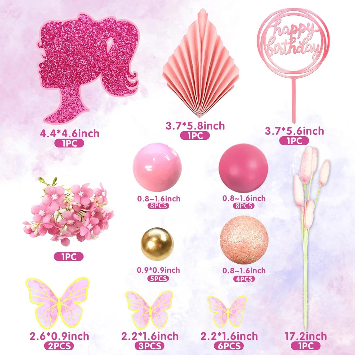 Hot Pink Girl Cake Toppers Flower Cake Decorations with Butterfly plug-in for Birthday Party Baby Shower Party Supplies