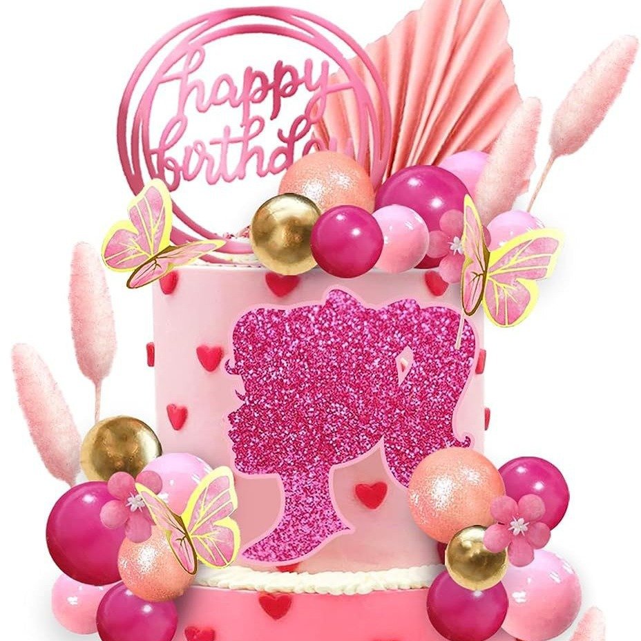 Hot Pink Girl Cake Toppers Flower Cake Decorations with Butterfly plug-in for Birthday Party Baby Shower Party Supplies