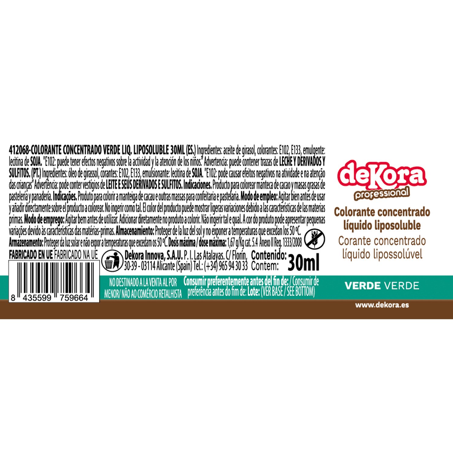 Dekora Brand Cake Decorating Supplies High Quality Edible Food Coloring Lipid Soluble Liquid Green Color 60Ml
