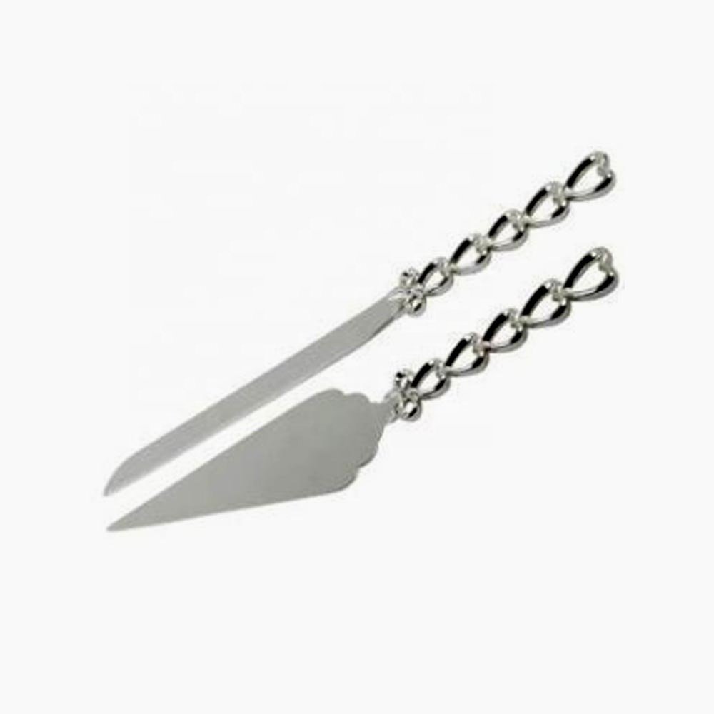 Silver Polished Handle wedding server sets Stainless Steel Cake Tools And Cake Server Set With Heart Chain Handmade