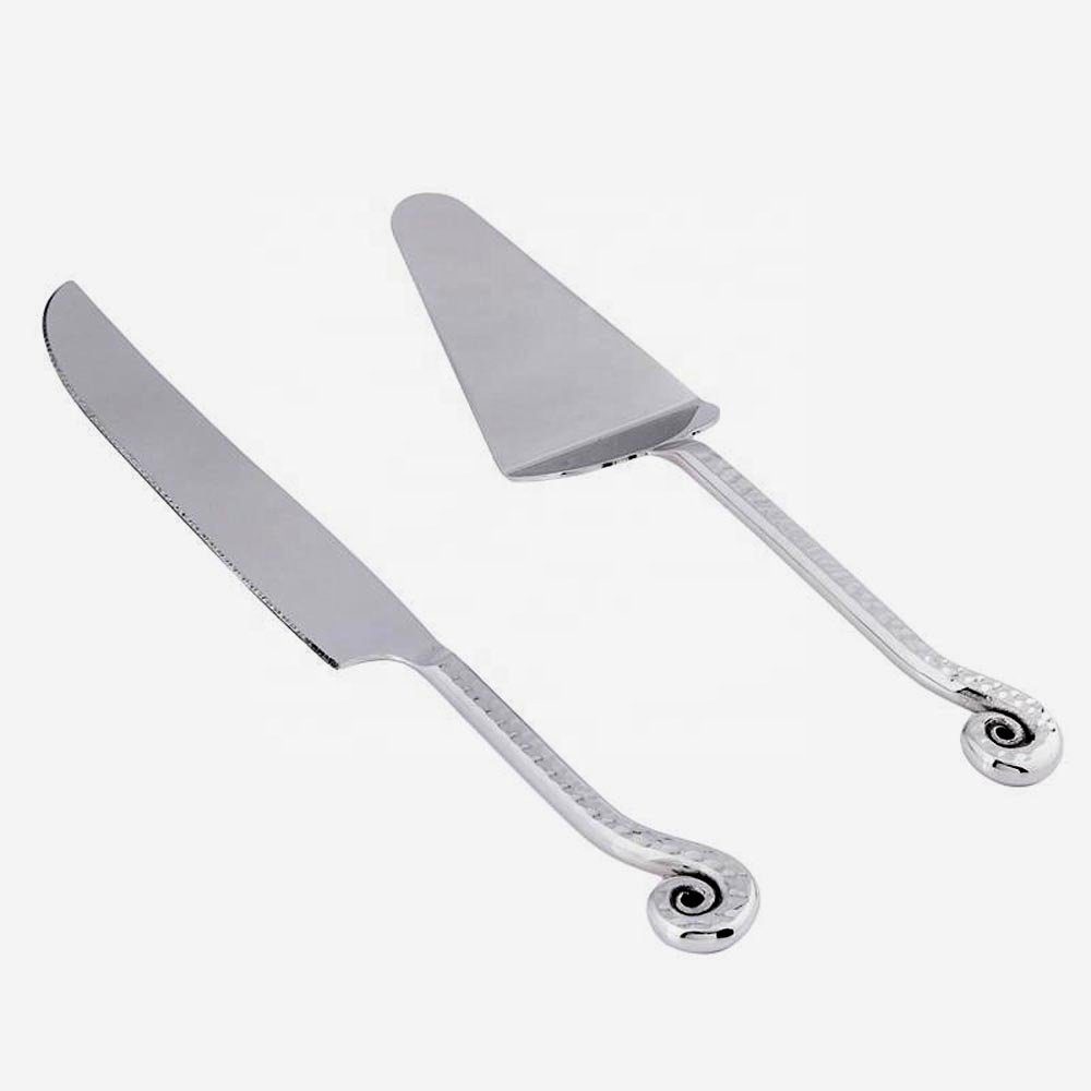 Silver Polished Handle wedding server sets Stainless Steel Cake Tools And Cake Server Set With Heart Chain Handmade