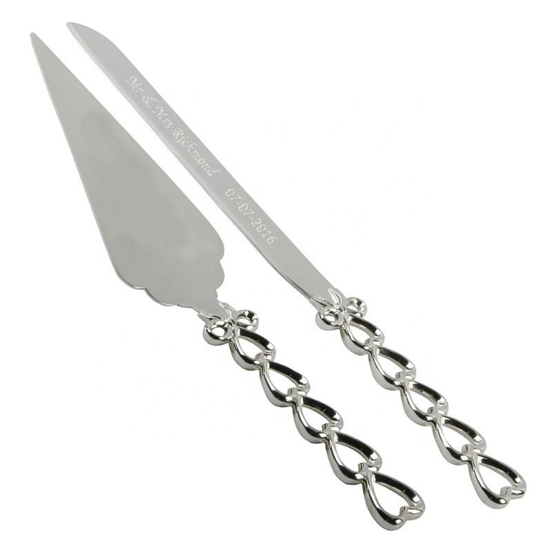 Silver Polished Handle wedding server sets Stainless Steel Cake Tools And Cake Server Set With Heart Chain Handmade