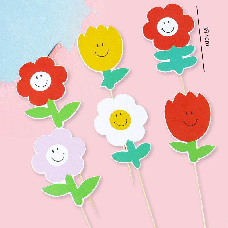 Cartoon Paper Smile Bear Flowers Cupcake Topper Happy Birthday Flags Cake Baby Shower Cake Decor Supplies