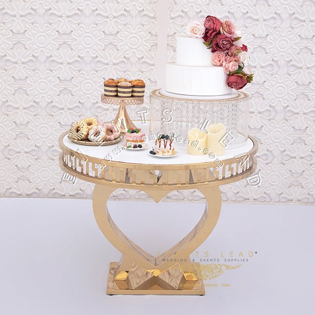Black top luxury stainless steel cake table heart shape base round elegant wedding cake table