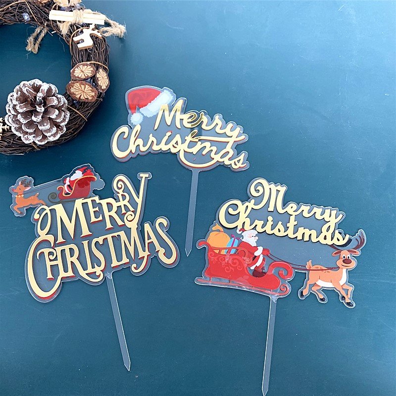 Color print cakes decoration accessories Elk Sleigh acrylic cake topper Cartoon Santa Claus merry christmas cake toppers