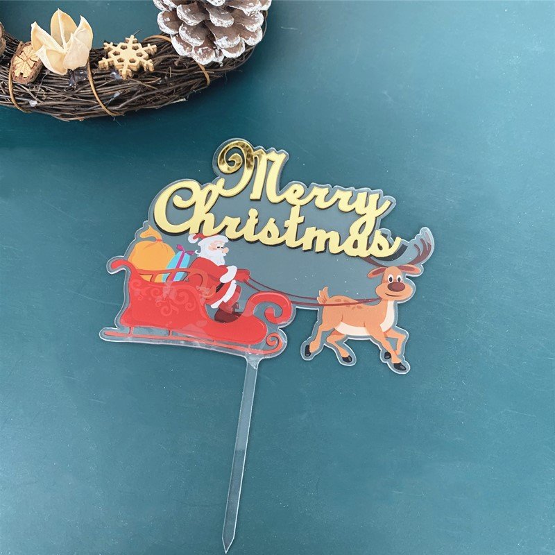 Color print cakes decoration accessories Elk Sleigh acrylic cake topper Cartoon Santa Claus merry christmas cake toppers