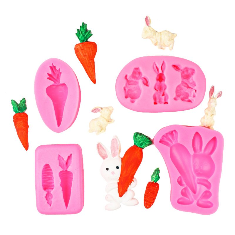 Cartoon Rabbit Carrot Easter Egg Flower Shape Silicone Molds Fondant Small Rabbit DIY Polymer Clay Decoration Pink and Grey Tool
