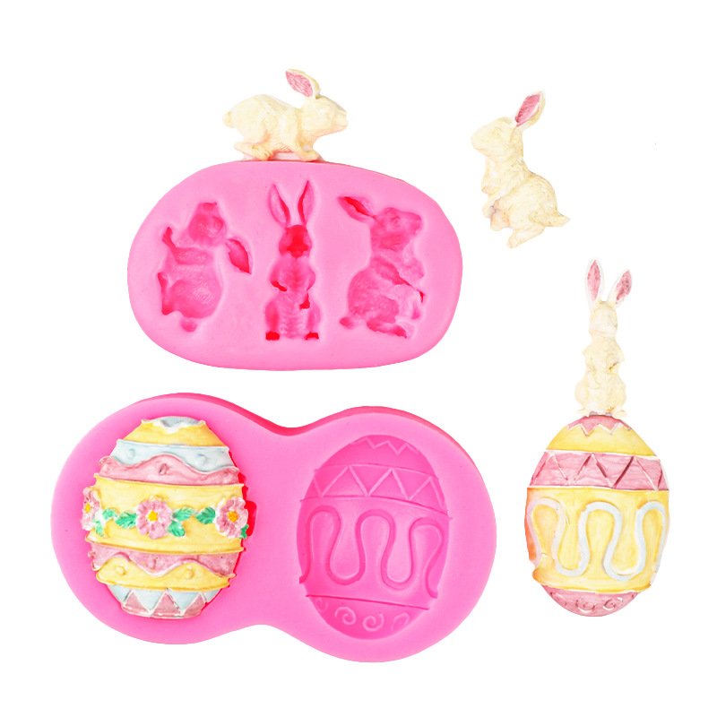 Cartoon Rabbit Carrot Easter Egg Flower Shape Silicone Molds Fondant Small Rabbit DIY Polymer Clay Decoration Pink and Grey Tool