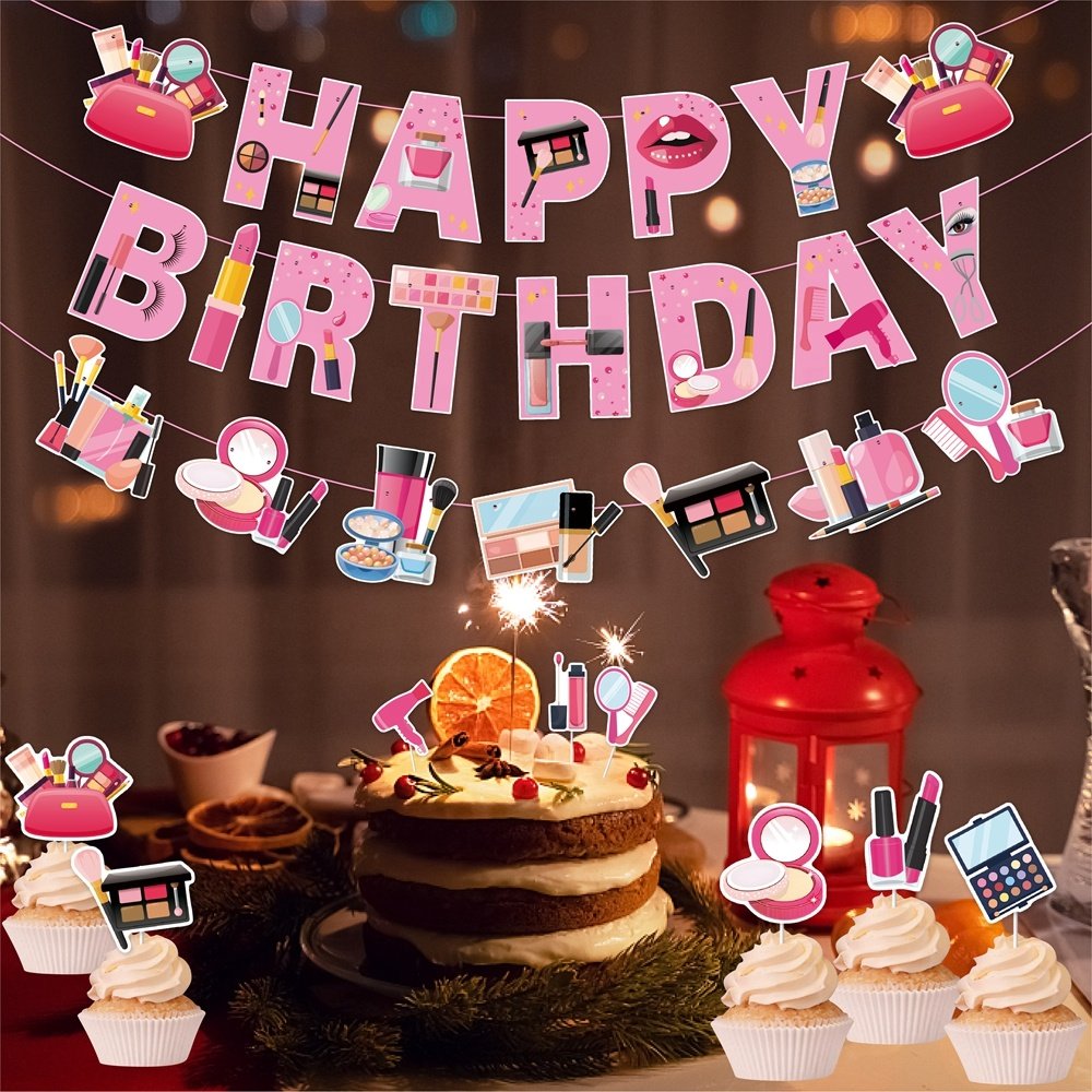 Makeup Spa Birthday Party Decorations Party Banner Cupcake Toppers for Girls Birthday Bridal Shower Cosmetics Party Supplies