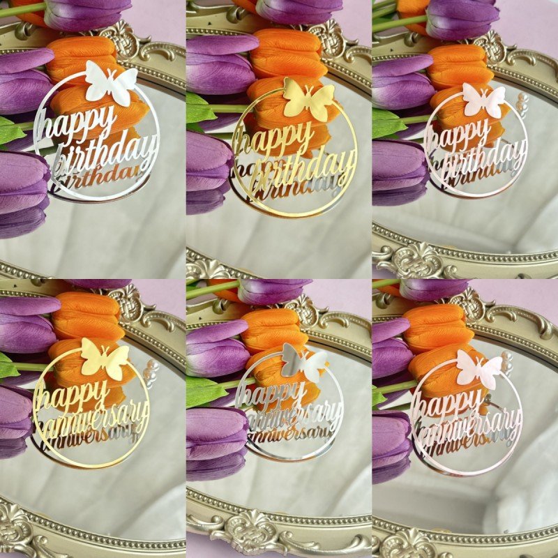 Good Selling Birthday Cake Decorating Supplies Birthday Anniversary Round Butterfly Acrylic Side Cake Decoration Cupcake Toppers