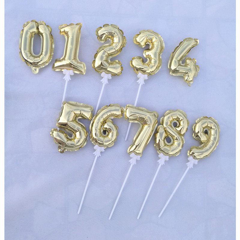 Mini Balloons Cake Toppers Stick Foil Balloons Self-inflating Gold Foil Number Balloon For Birthday Party Decorations Cake Decor