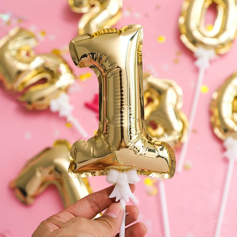 Mini Balloons Cake Toppers Stick Foil Balloons Self-inflating Gold Foil Number Balloon For Birthday Party Decorations Cake Decor
