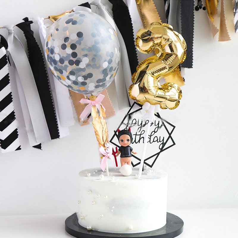 Mini Balloons Cake Toppers Stick Foil Balloons Self-inflating Gold Foil Number Balloon For Birthday Party Decorations Cake Decor