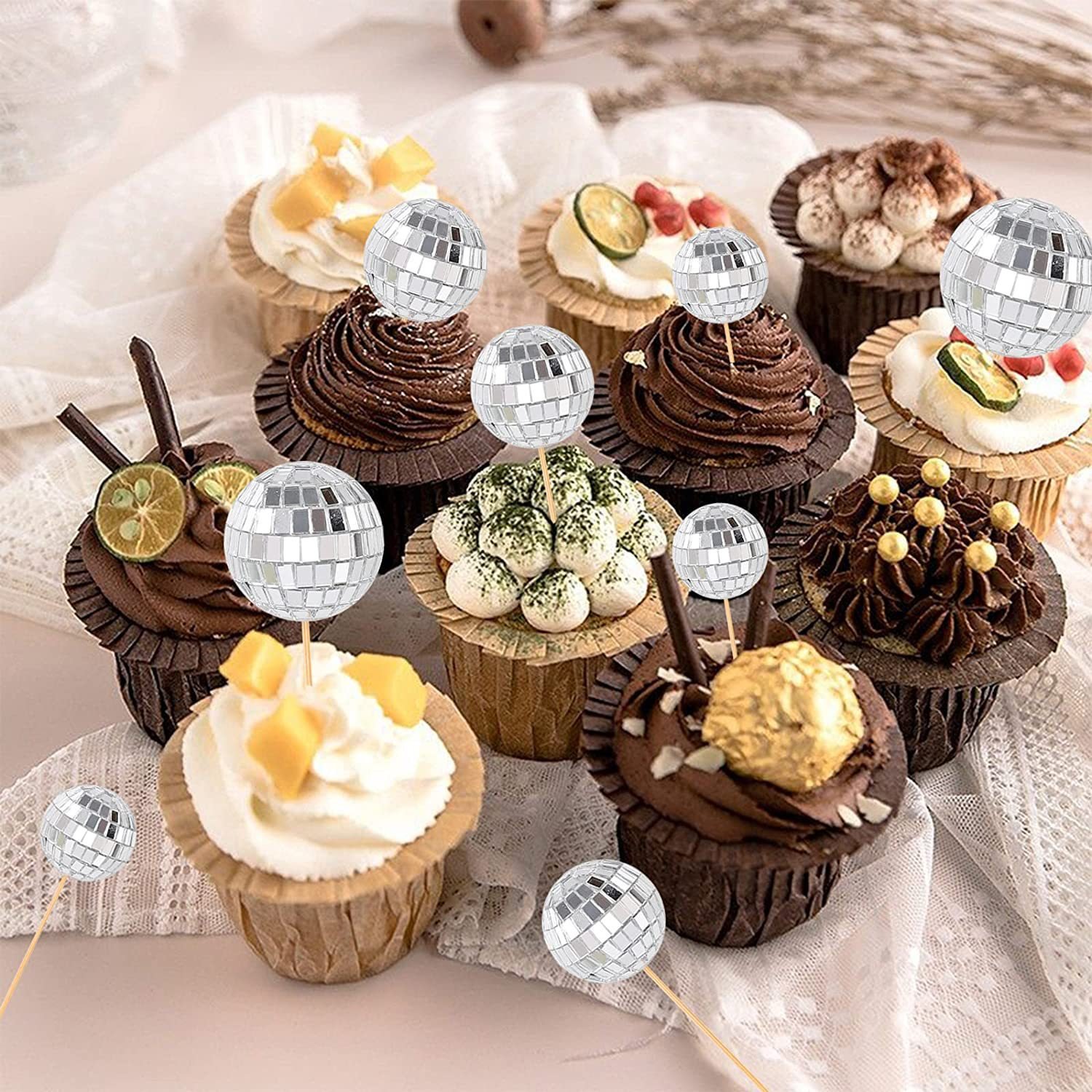 Cake decoration wholesale Disco Ball Cake toppers Decoration Dance Birthday Party Supplies Bling Silver Mirror Balls Cupcake