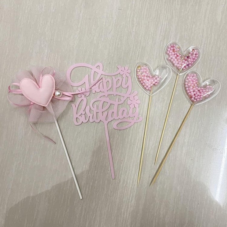 Heart Pink Pearls Cupcake Toppers for Girls Women Princess Party Decorations Supplies