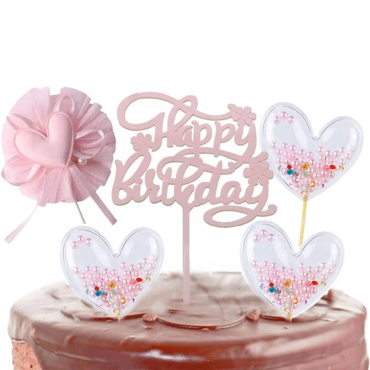 Heart Pink Pearls Cupcake Toppers for Girls Women Princess Party Decorations Supplies