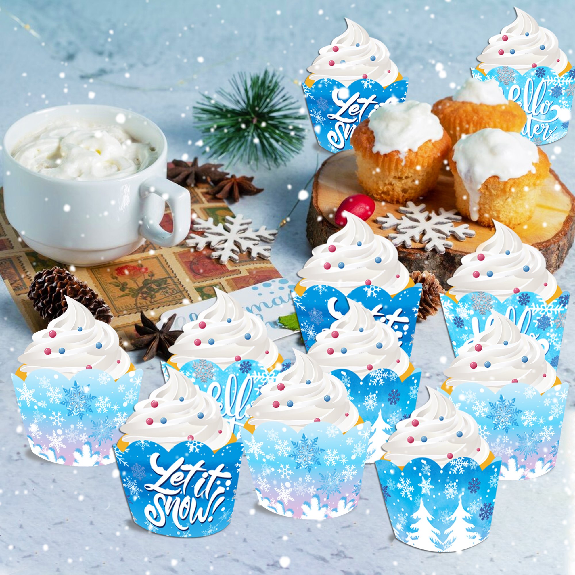 WB079 Christmas Snowflake Cupcake Wrappers Winter Frozen Cake Decoration for Kids Birthday Party Supplies