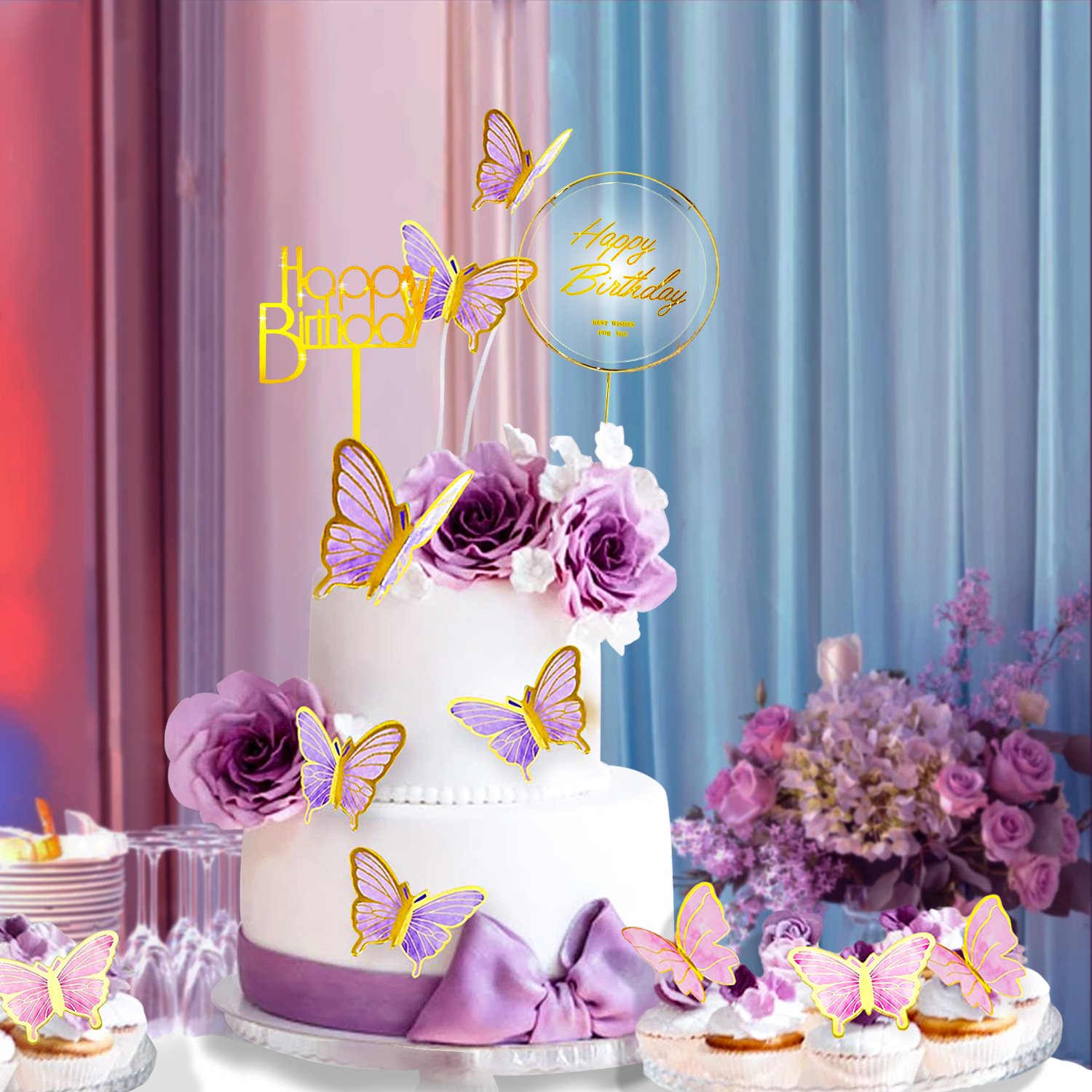 22 pieces Butterfly Happy Birthday Party Cake Topper Set Cake Decoration Baking Supplies