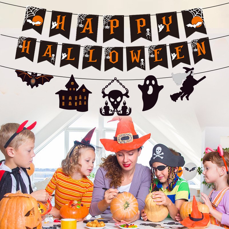 KLS Happy Halloween Pumpkin Spider Bat Ghost Honeycomb Pumpkin Paper Stretch Bat Pull Flag Spider Banner Party Decoration