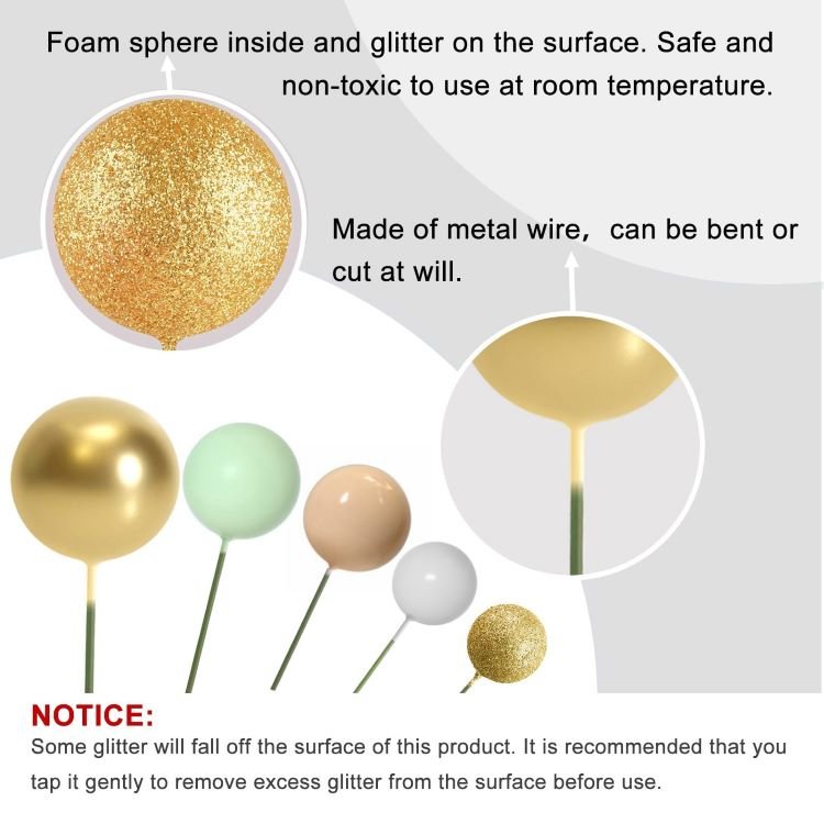 Glitter Green Gold Light Brown Foam Ball Cake Topper Sticks Mini Ball Cake Supplies for Baby Shower Birthday Cake Decorations