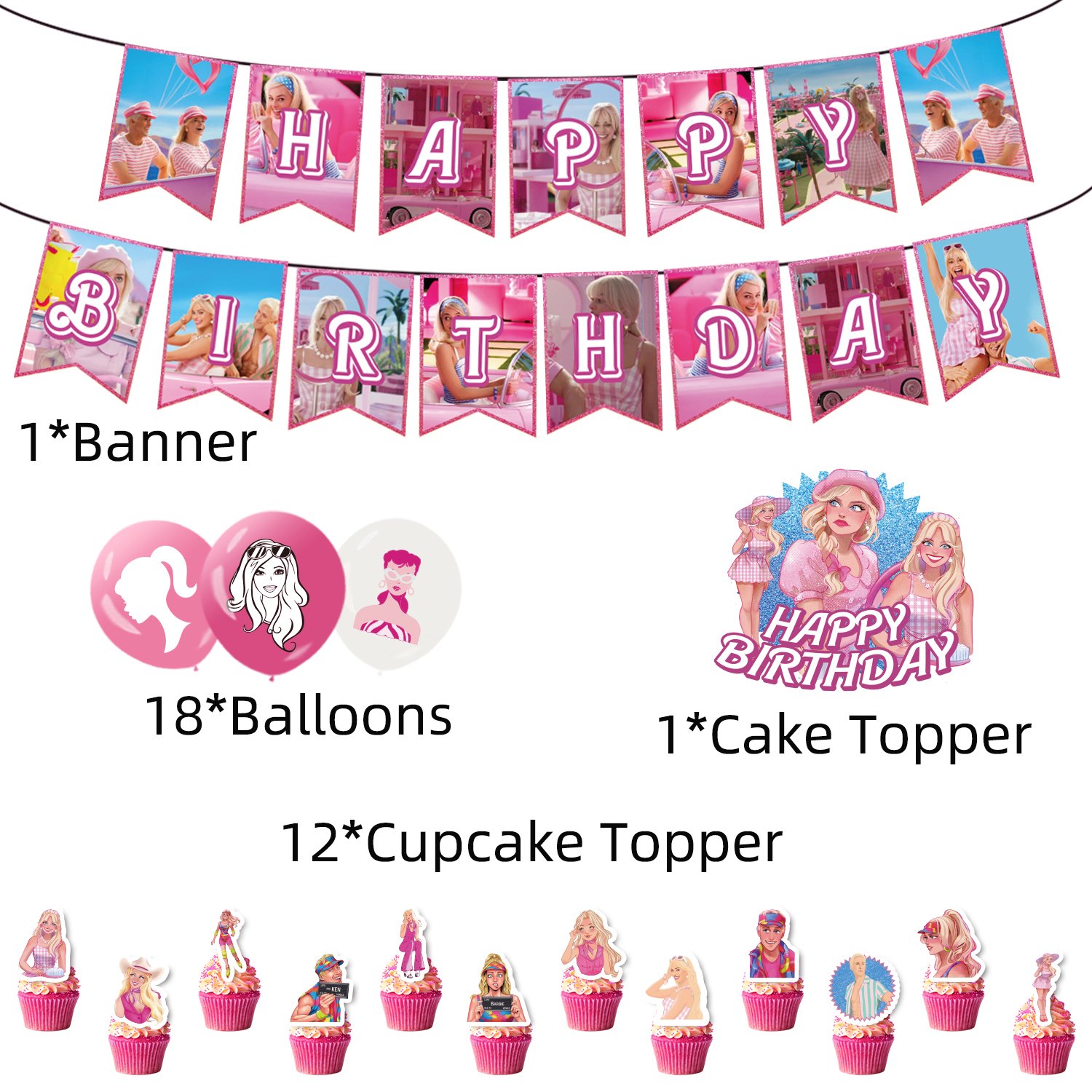 Pink Girl Barb1ee Doll Princess Birthday Decoration Party Supplies Balloon Banner Backdrop Tableware Cake Topper Baby Shower