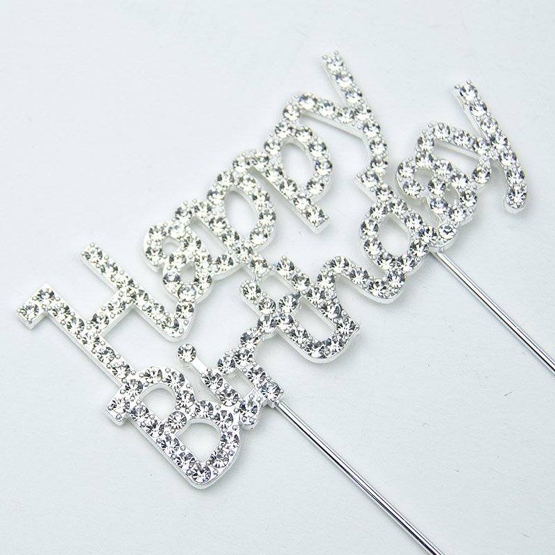 902207-53 1pc cake topper picks gold silver metal with diamond decoration Happy Birthday Party supplies PartyMaker