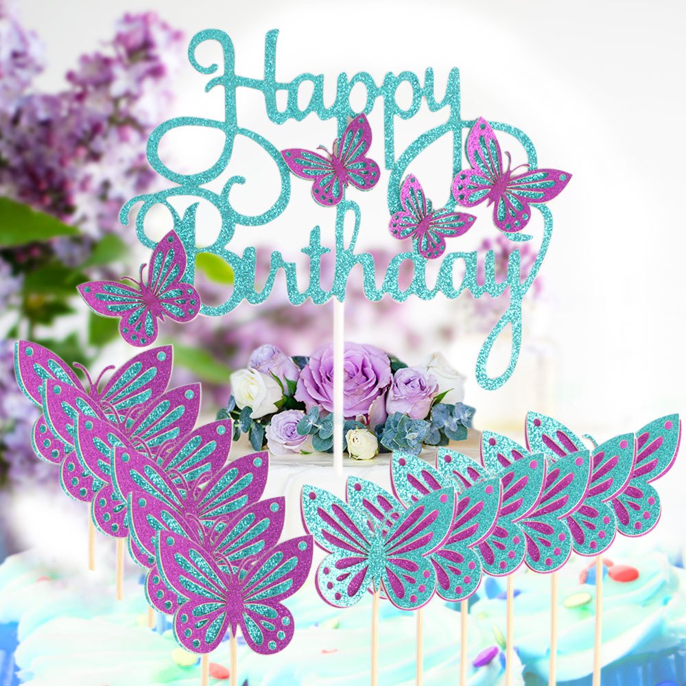 Hot selling cake decorating supplies Happy Birthday Cake Topper Glittery Butterfly Handmade Painted For Birthday Party