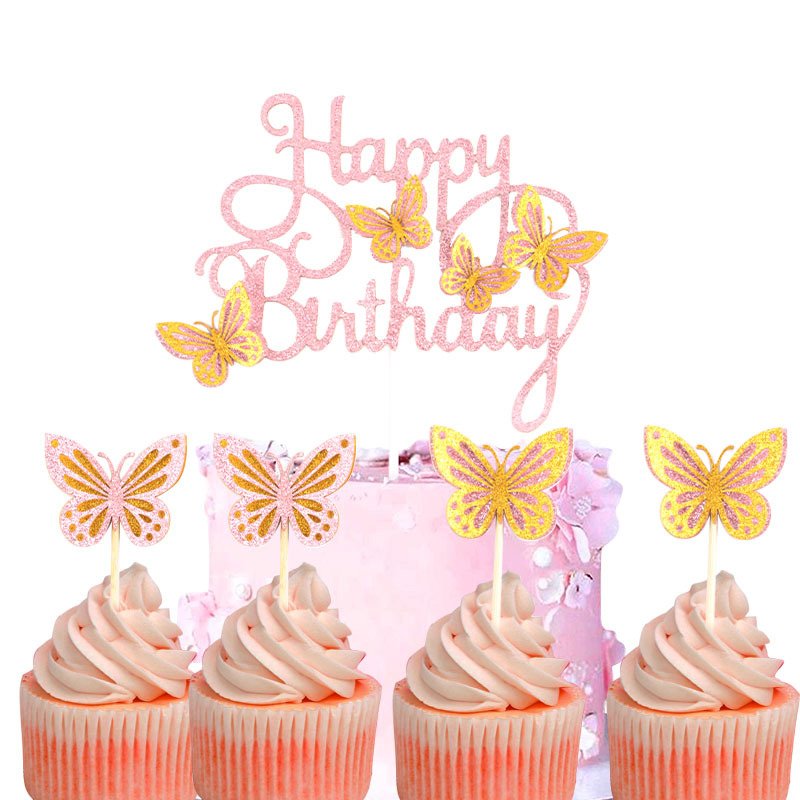 Hot selling cake decorating supplies Happy Birthday Cake Topper Glittery Butterfly Handmade Painted For Birthday Party