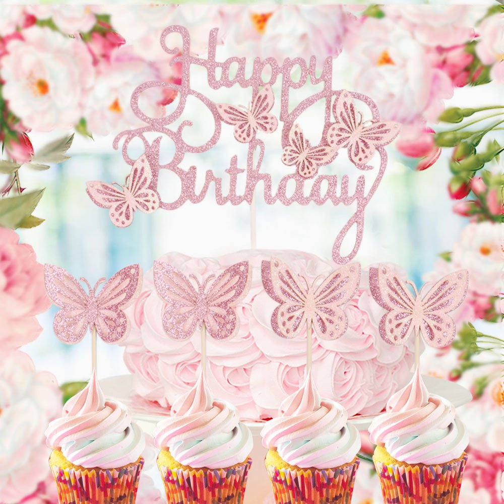 Hot selling cake decorating supplies Happy Birthday Cake Topper Glittery Butterfly Handmade Painted For Birthday Party