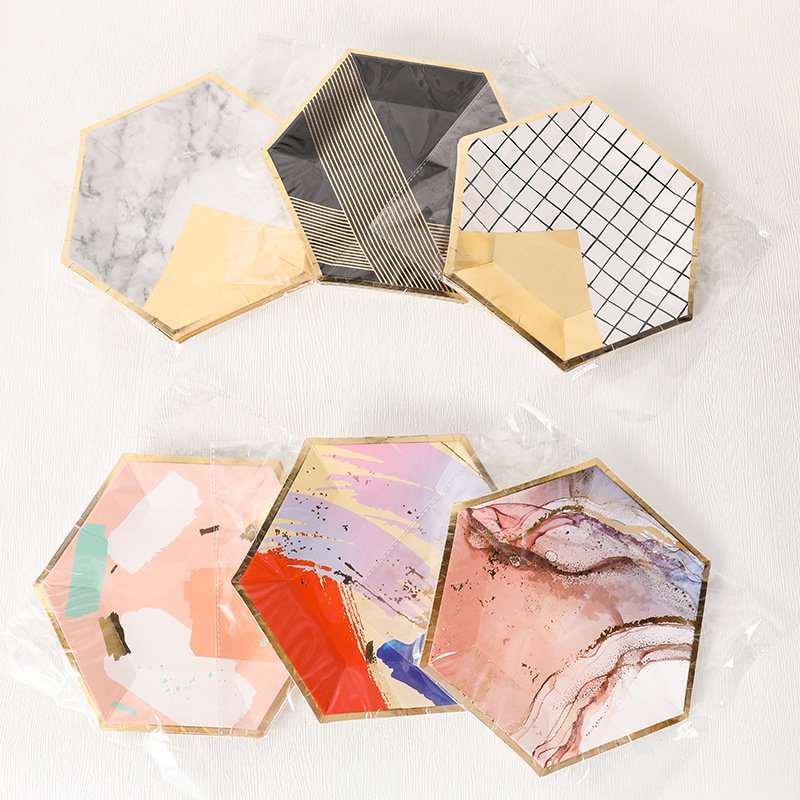 Hot Sale Hexagonal Color Gold Paper Plate Disposable Paper Plate Wedding Birthday Party Supplies Decoration Wholesale