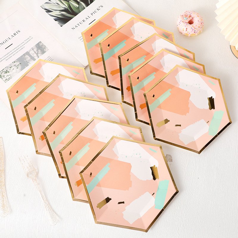 Hot Sale Hexagonal Color Gold Paper Plate Disposable Paper Plate Wedding Birthday Party Supplies Decoration Wholesale
