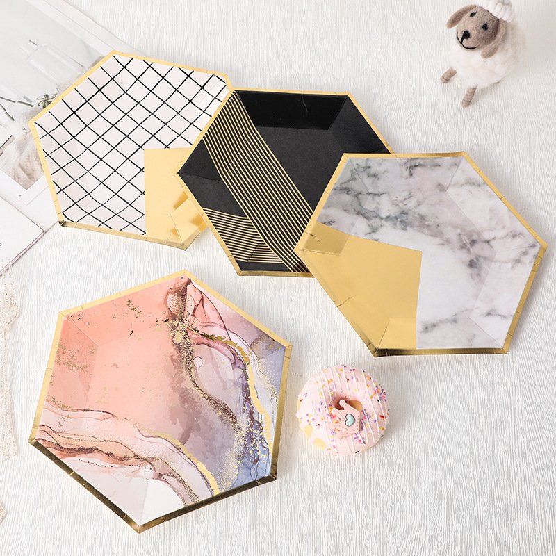 Hot Sale Hexagonal Color Gold Paper Plate Disposable Paper Plate Wedding Birthday Party Supplies Decoration Wholesale