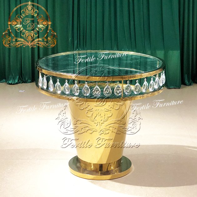 Crystal Chandelier Design Round Stainless Steel Frame Glass Top Dessert decorated Wedding Birthday Cake Table
