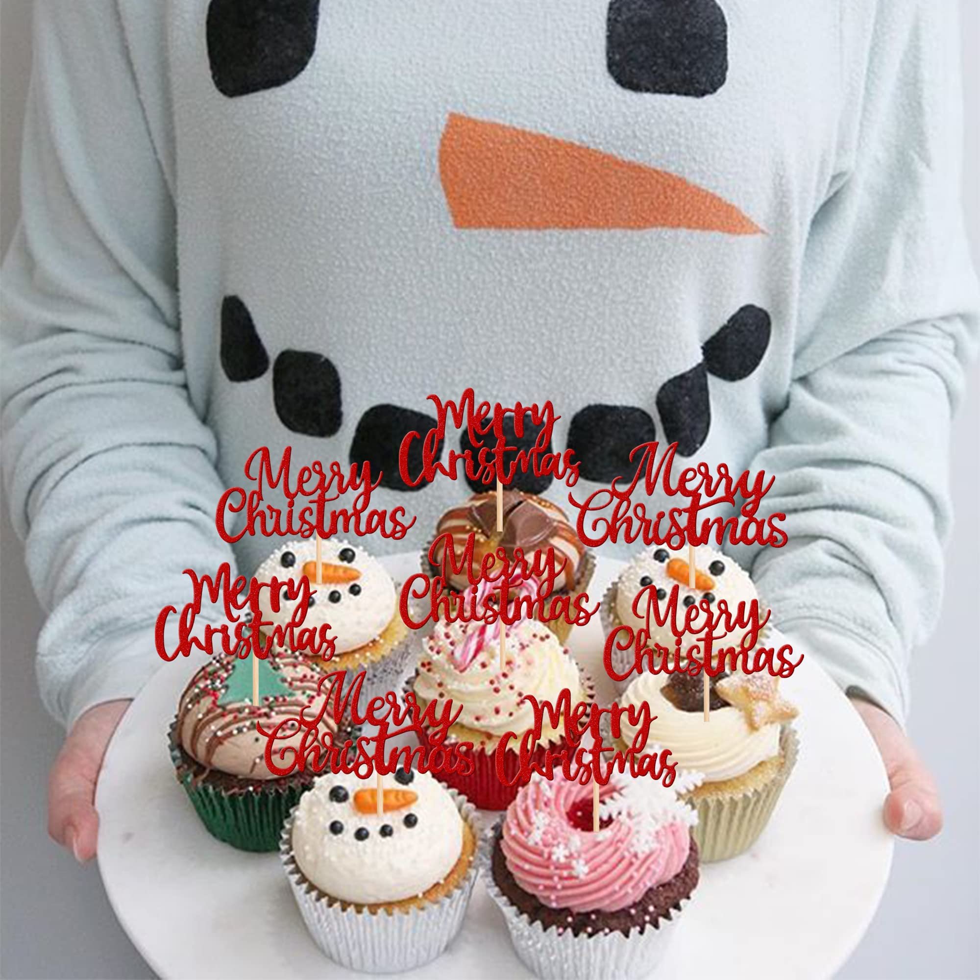 24PCS Merry Christmas Cupcake Toppers Glitter Christmas Eve Xmas Cupcake Picks for Celebrating Cake Decorations SP-103